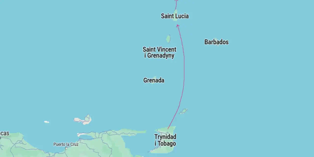 Mapa Karaibów: Martynika leży na północ od Saint Lucia, Saint Vincent i Grenadyn, Grenady oraz Trynidadu i Tobago, blisko Wenezueli.