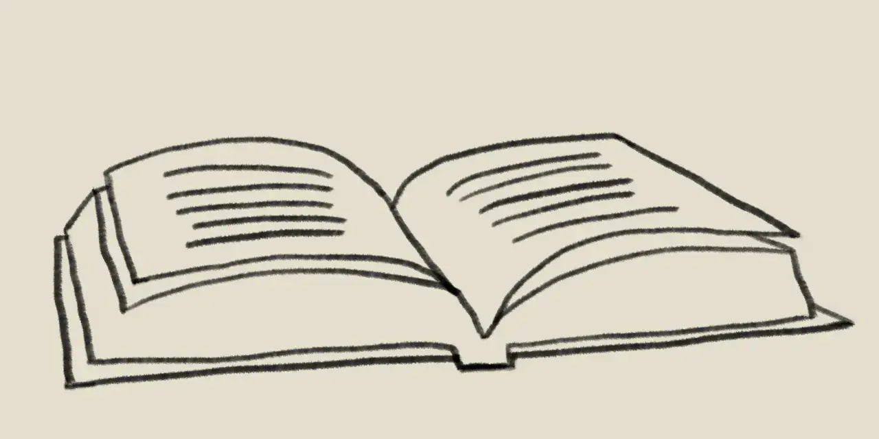 A simple black and white sketch of an open book with lines representing text on the pages.