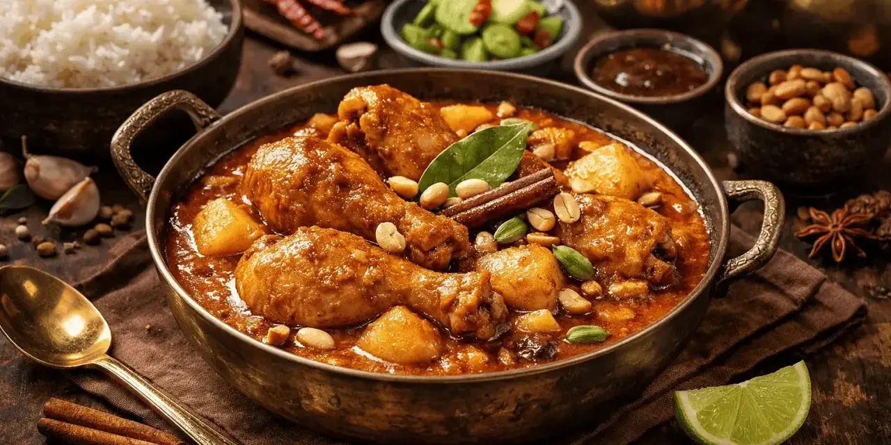 En skål med kyckling i en rik massaman curry, toppad med jordnötter och kanel. Serveras med ris och lime.
