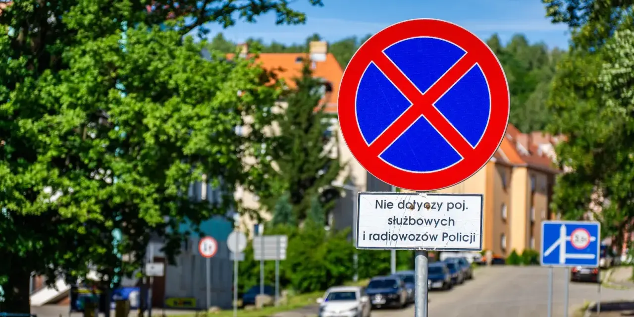 Znak zakaz postoju z tabliczką "Nie dotyczy poj. służbowych i radiowozów Policji" na tle zieleni i zabudowań.