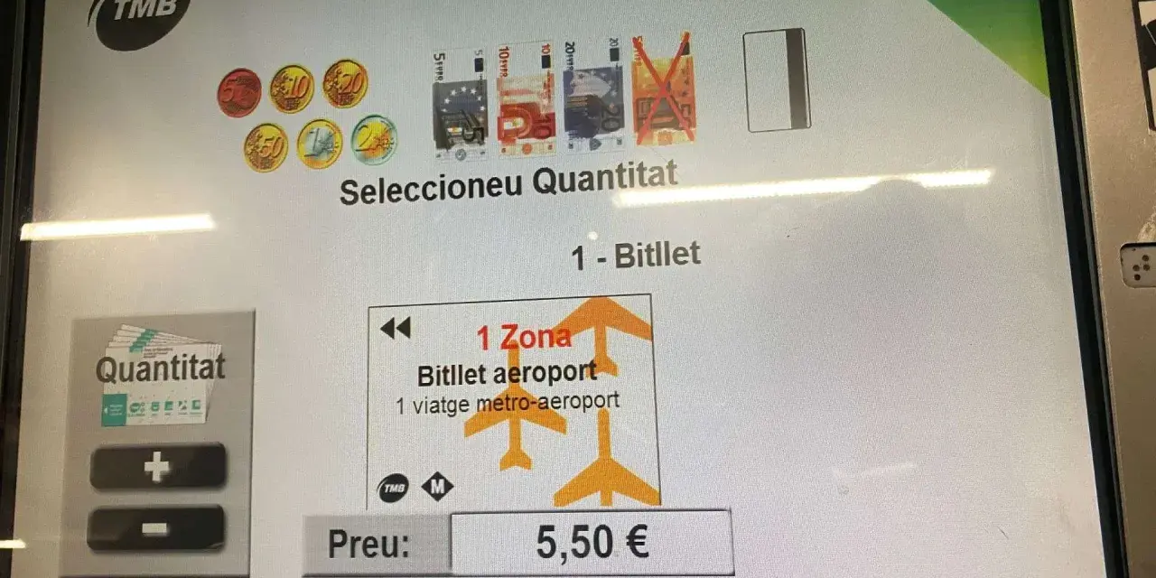 Buying a ticket at the Barcelona airport metro station. The screen shows options for quantity and ticket type, with a price of 5.50€.