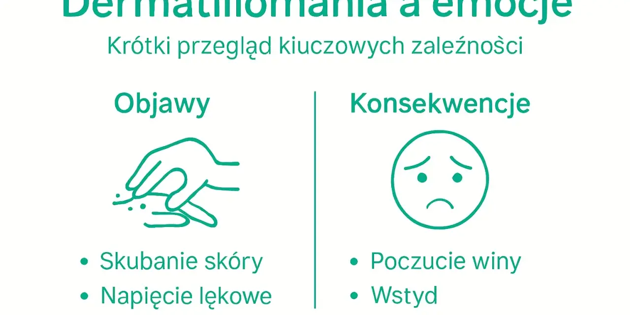 Dermatillomania: objawy (skubanie skóry, napięcie lękowe) i konsekwencje (poczucie winy, wstyd).