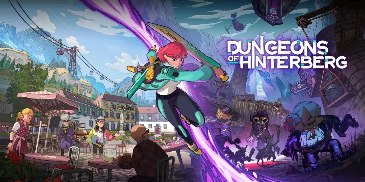 Una heroína con espada se lanza contra monstruos en las **dungeons of Hinterberg**, un pueblo alpino con teleféricos.