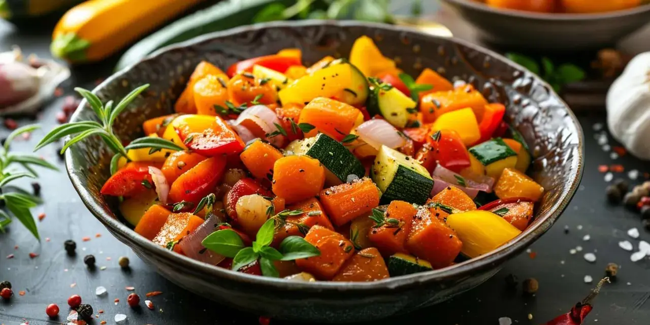Un bol de poêlée de légumes colorée, avec des dés de courgettes, poivrons, oignons et carottes, assaisonnée d'herbes fraîches.