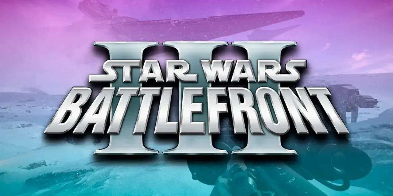 El logo de Star Wars Battlefront III sobre un paisaje nevado con un AT-AT y una nave estelar.