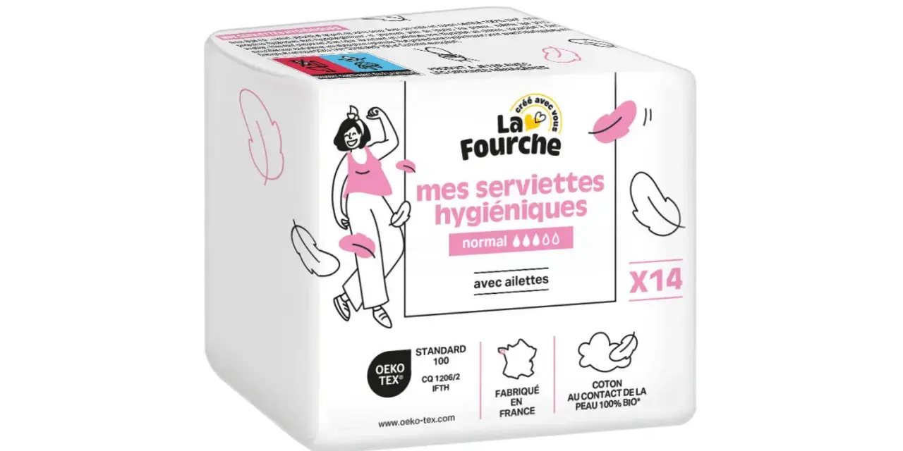 Boîte de serviettes hygiéniques lavables "La Fourche". Le tissu est en coton bio, idéal pour les peaux sensibles.