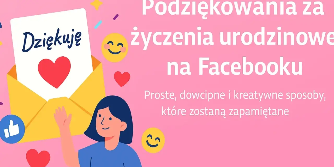 Podziękowania za życzenia urodzinowe na Facebooku. Uśmiechnięta dziewczyna z kopertą i sercem.
