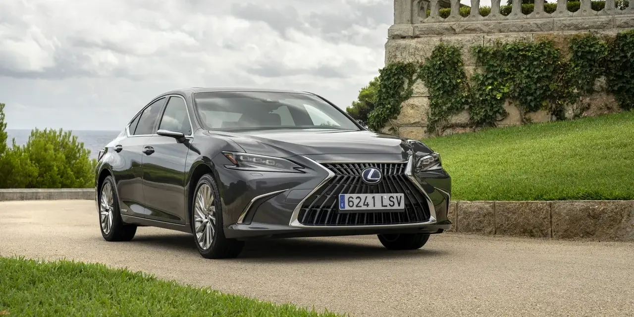 Elegancki, ciemnoszary Lexus 300h na tle kamiennego muru porośniętego bluszczem i zielonej trawy.