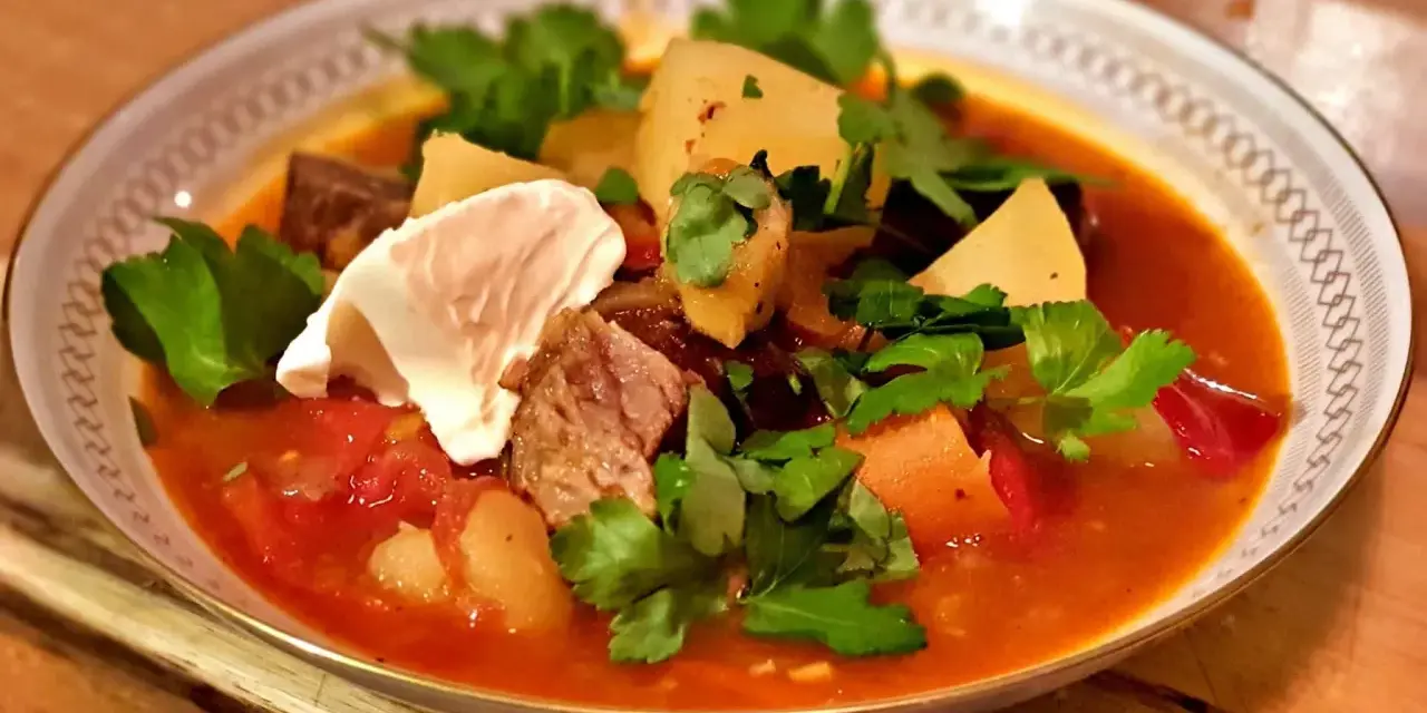 En mustig gulaschsoppa med mört kött, potatis och paprika, toppad med en klick gräddfil och färsk persilja. Perfekt vin till gulaschsoppa!