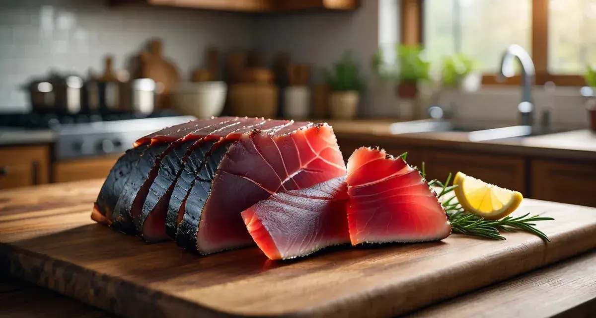 Mojama de atún en rodajas, con limón y romero, sobre tabla de madera en cocina.