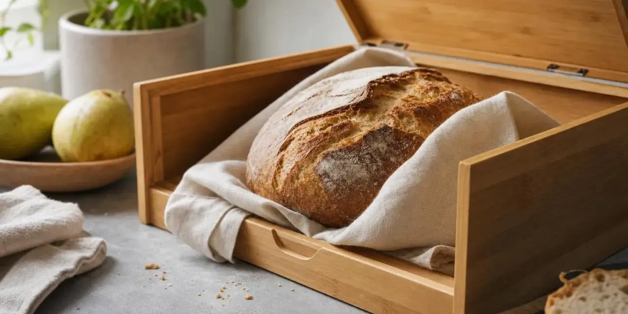 Świeży bochenek chleba w bambusowej chlebaczce, owinięty w lnianą ściereczkę. Idealny sposób, jak przechowywać chleb, by dłużej zachował świeżość.