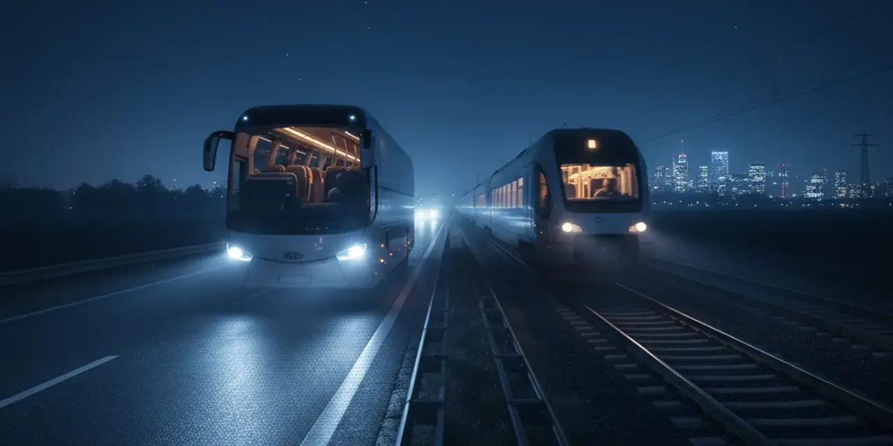 Nocny autobus i pociąg jadą równolegle. W tle widać nocne miasto, sugerujące podróż Berlin-Warszawa Express.