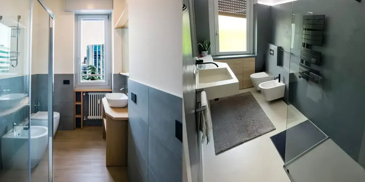 Planimetria bagno stretto e lungo con doccia, lavabo, bidet e WC.
