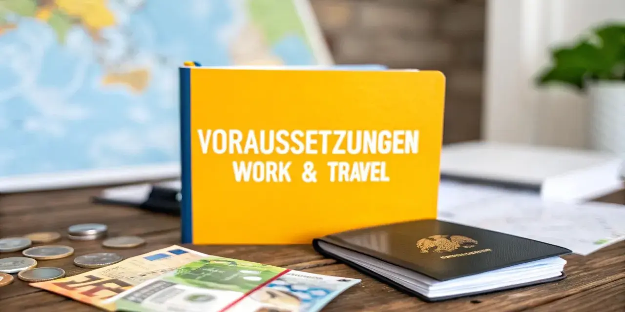 Ein Buch mit dem Titel "Voraussetzungen Work & Travel" liegt neben einem Reisepass, Geld und Münzen. Perfekt für die Planung nach dem Studium!