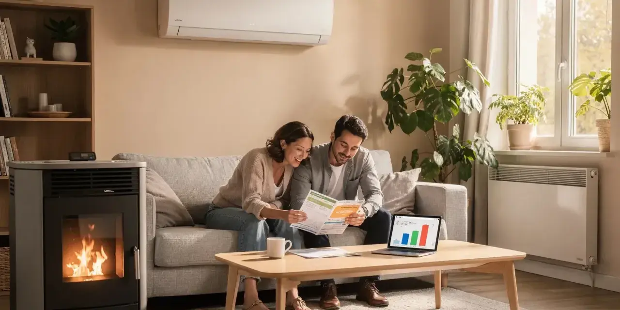 Un couple examine des factures près d'un poêle à granulés, symbole d'un chauffage économique et écologique.