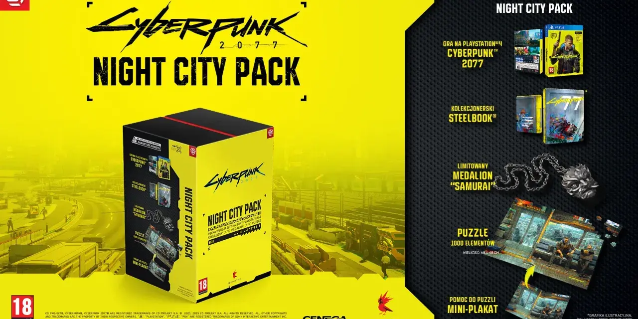 Opakowanie gry Cyberpunk 2077 Night City Pack z zawartością: gra PS4, steelbook, medalion, puzzle i plakat.