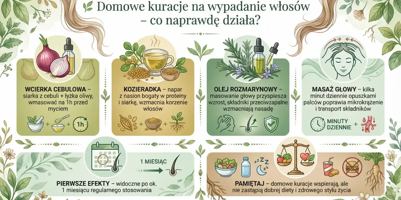 Babcine sposoby na wypadanie włosów: wcierka cebulowa, napar z kozieradki, olej rozmarynowy i masaż głowy. Efekty po miesiącu.