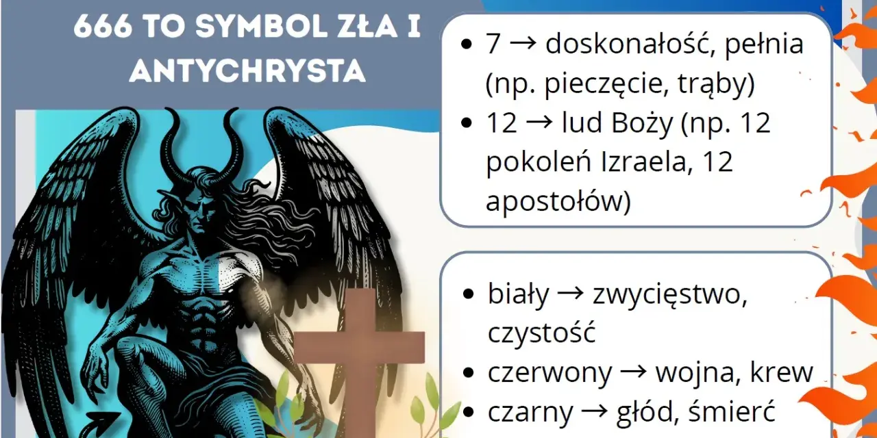 Symbolika z Apokalipsy św. Jana: 666 to znak Antychrysta. Liczby 7 i 12 oznaczają doskonałość i lud Boży. Kolory: biały (zwycięstwo), czerwony (wojna), czarny (śmierć).