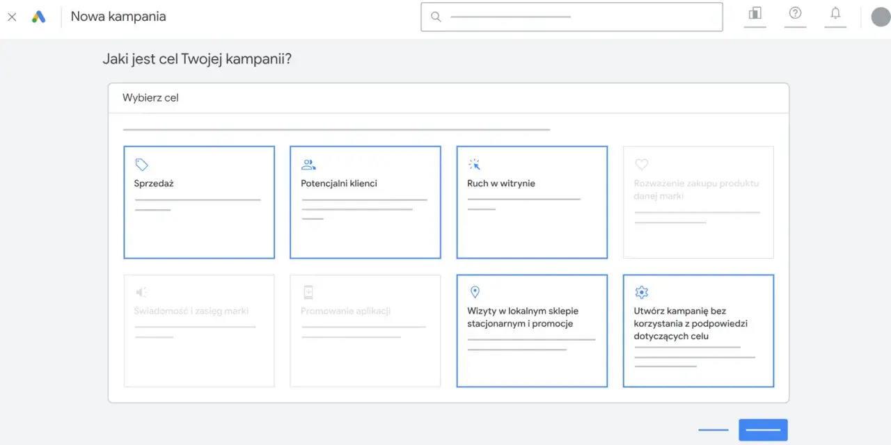 Wybór celu kampanii sem: Sprzedaż, potencjalni klienci, ruch w witrynie, rozważenie zakupu, świadomość marki, promocja aplikacji, wizyty w sklepie.
