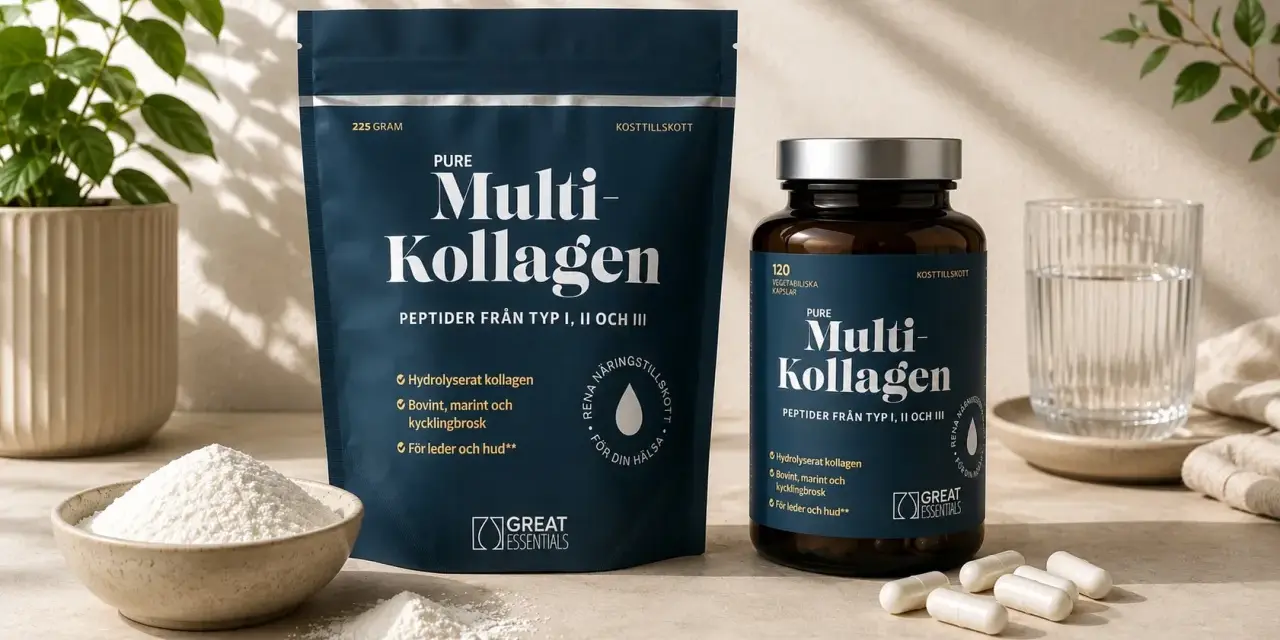 Pure Multi-Kollagen, ett kosttillskott som kan vara ett stöd vid klimakteriet. Finns som pulver och kapslar.