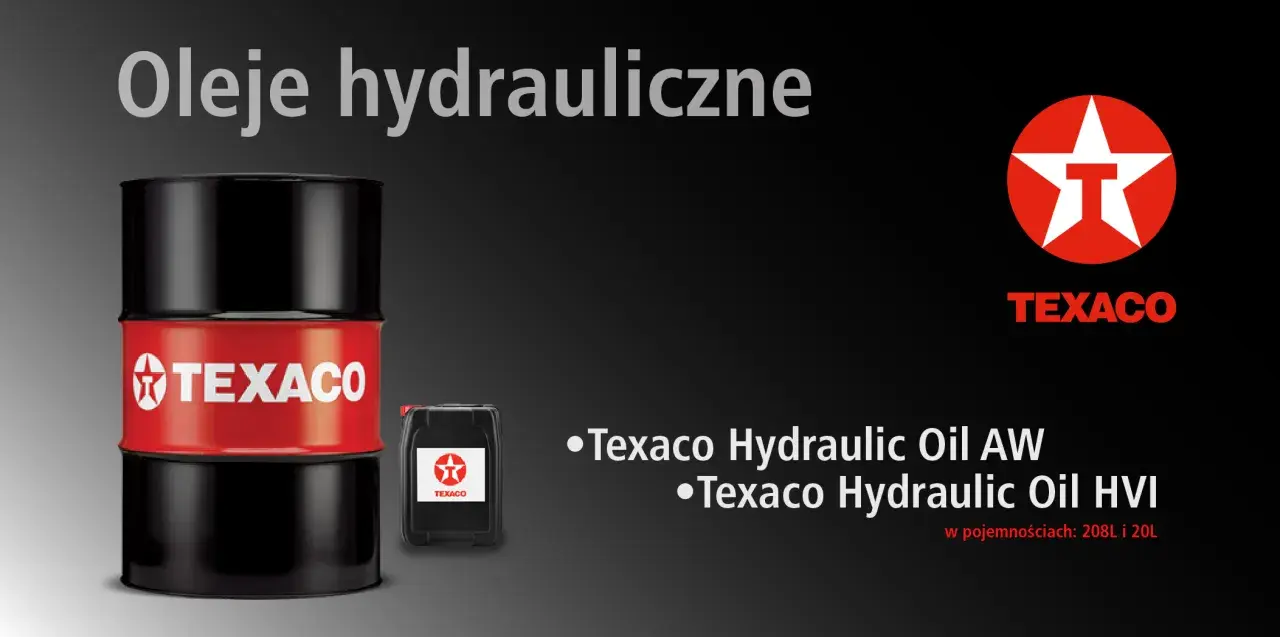Beczka i kanister z olejem hydraulicznym Texaco. Dostępne w pojemnościach 208L i 20L.