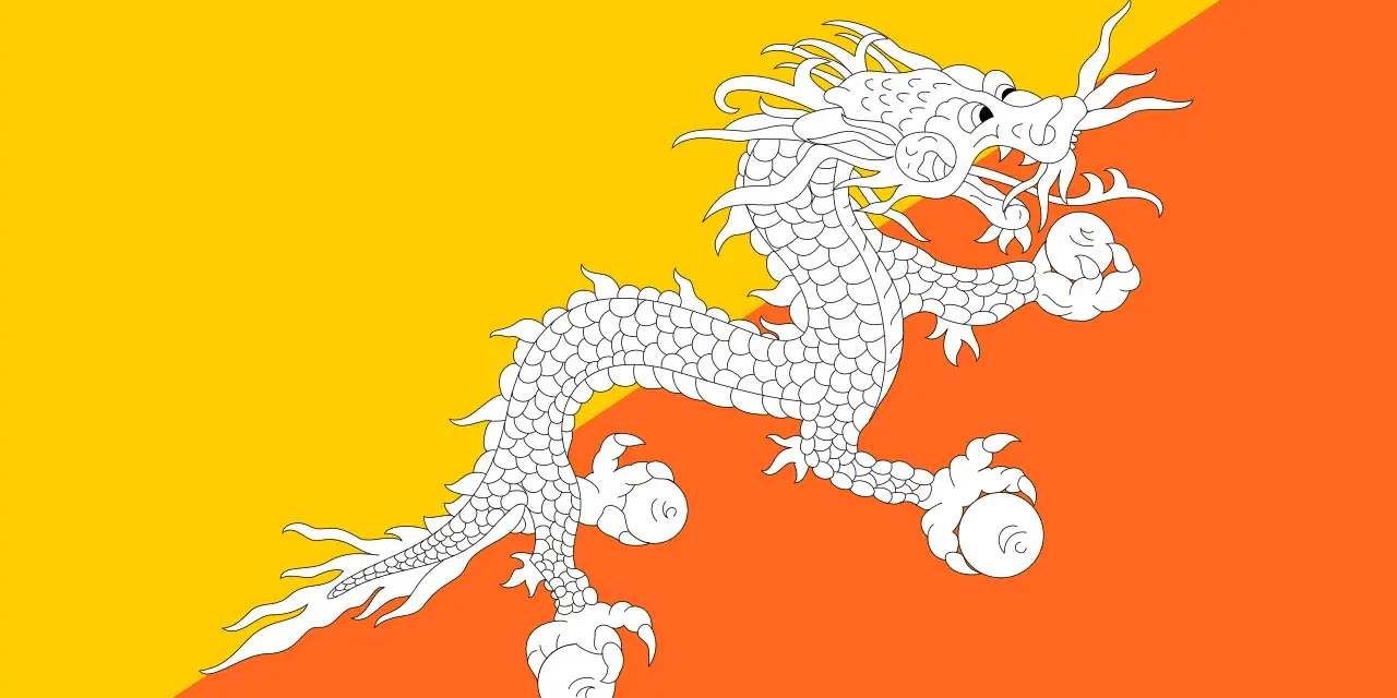 Flaga Bhutan z białym smokiem na tle żółto-pomarańczowym. Smok symbolizuje siłę i czystość.