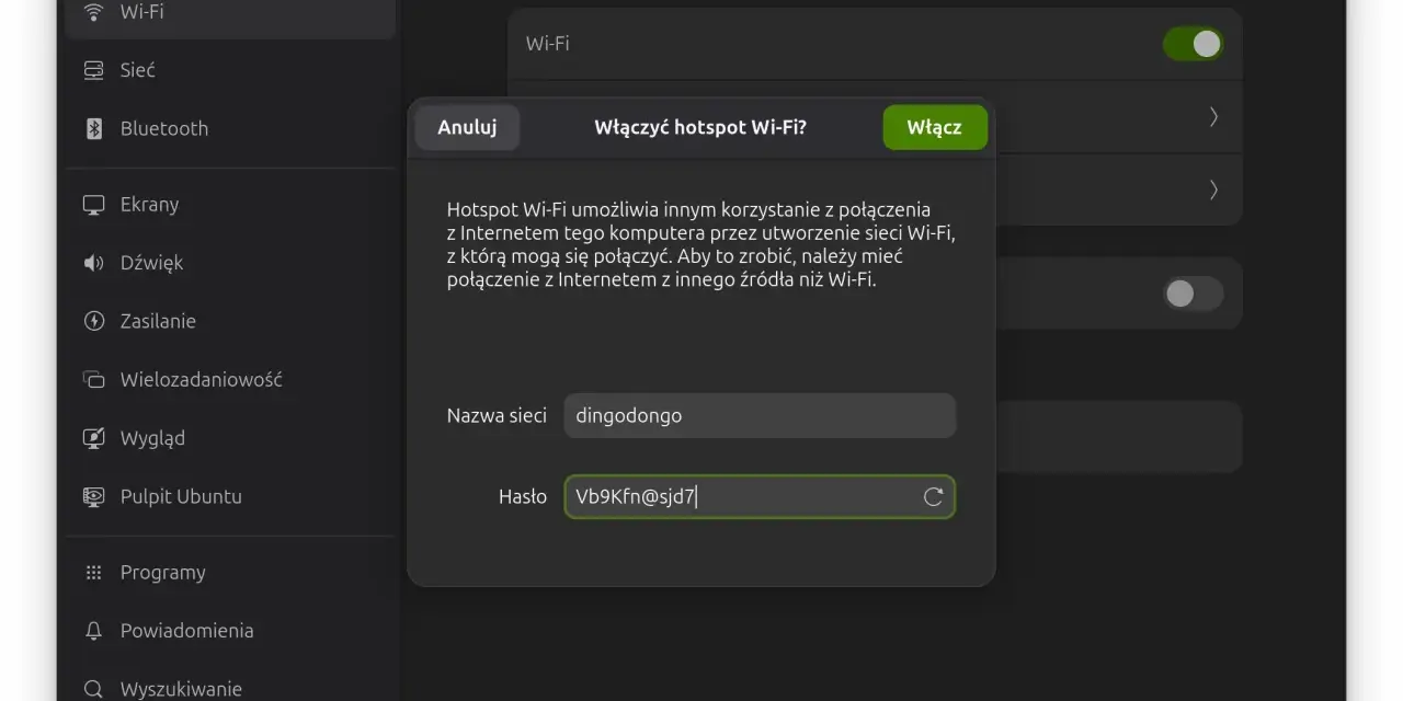 Ustawienia Wi-Fi: włącz hotspot, by udostępnić internet. Nazwa sieci: dingodongo, hasło: Vb9Kfn@sjd7.