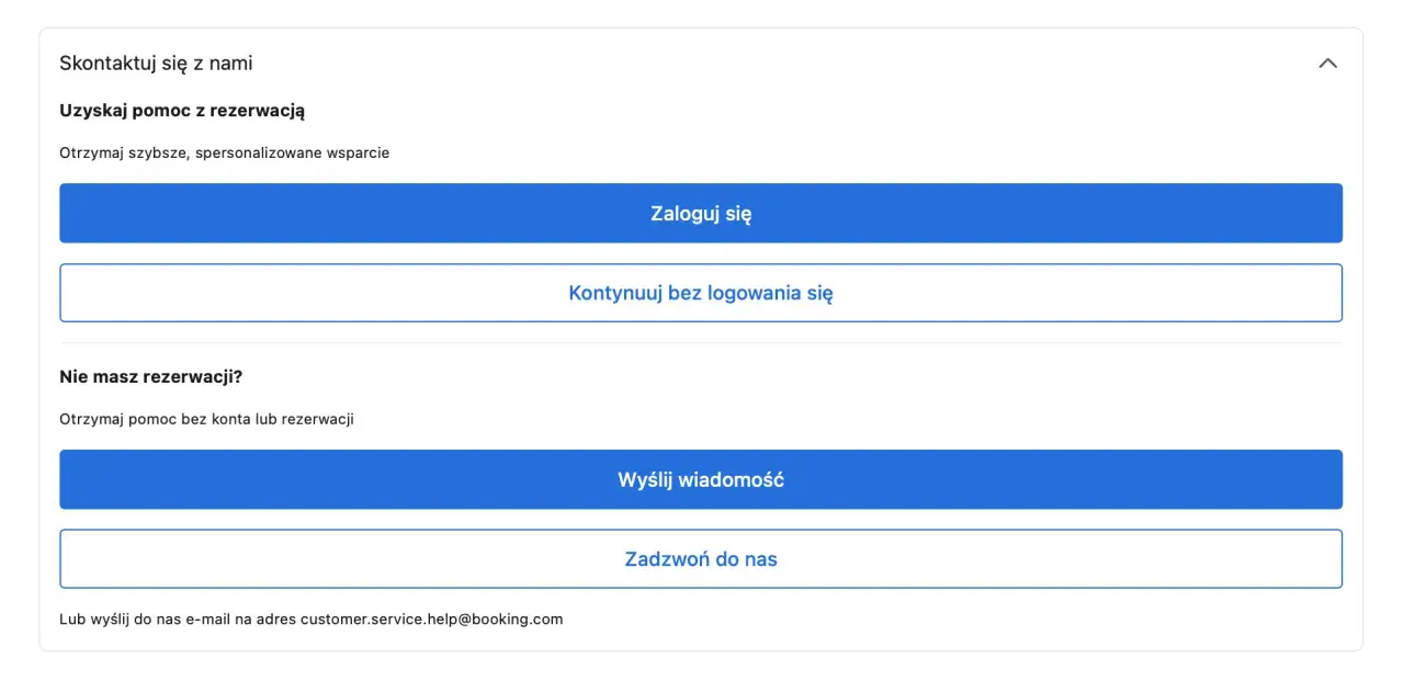 Formularz kontaktowy Booking.com. Możesz zalogować się, kontynuować bez logowania lub wysłać wiadomość, jeśli masz problem z rezerwacją lub reklamacją.