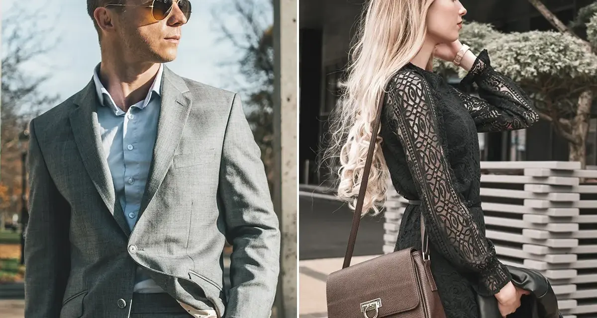 Elegancki mężczyzna w garniturze i kobieta w czarnej sukience, uosabiający styl francuski moda.