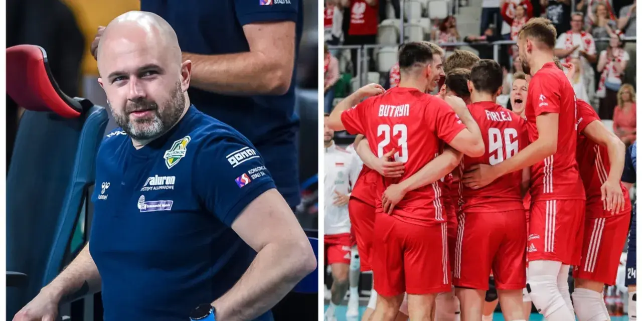 Michał Kozioł, trener, wpatruje się w boisko, podczas gdy jego drużyna świętuje zwycięstwo.