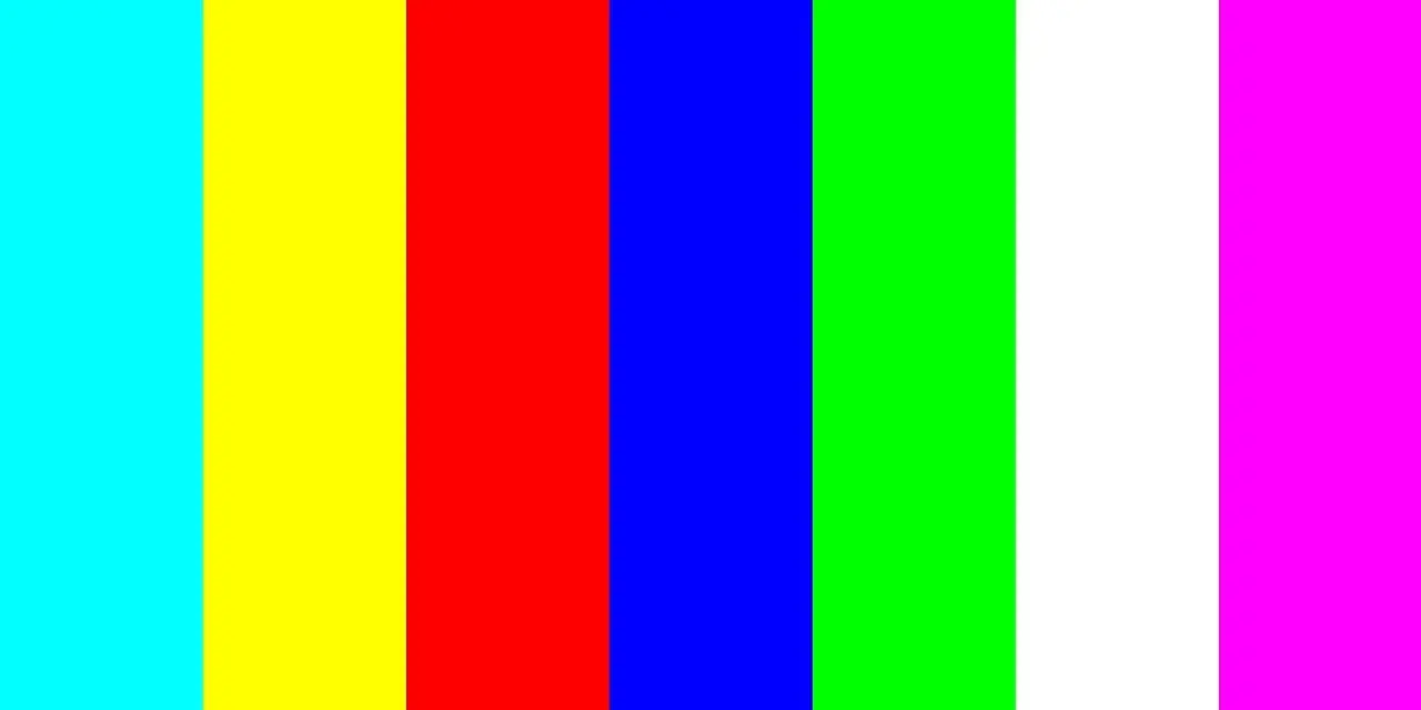 Bunte Streifen: Türkis, Gelb, Rot, Blau, Grün, Weiß, Pink. Ein Testbild, um einen Pixelfehler zu beheben.