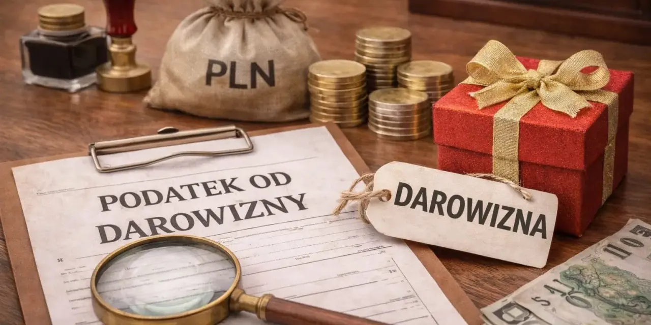 Dokument "Podatek od darowizny", worek z PLN, monety, prezent i lupa. Rozważasz darowiznę?