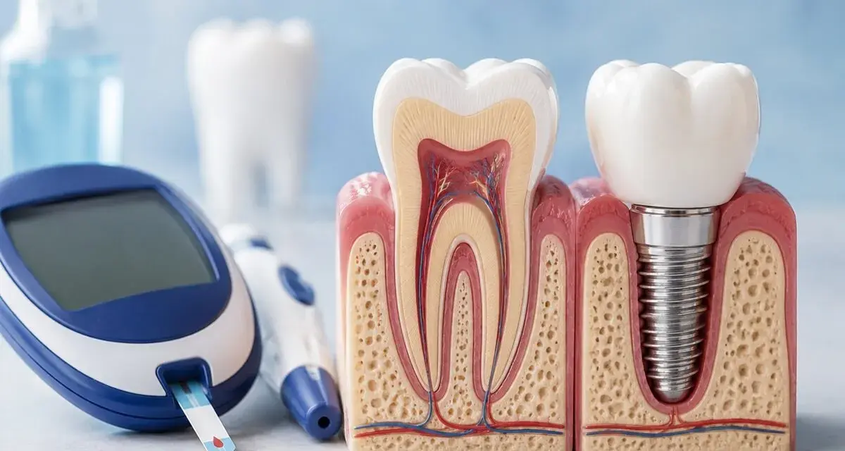 Glukometr i modele zębów, w tym implant, symbolizują troskę o higienę jamy ustnej przy cukrzycy insulinoniezależnej.