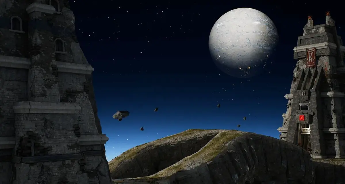 Ruinas de piedra en un mundo alienígena, con un gran planeta en el cielo estrellado. Un escenario perfecto para un combate de Unreal Tournament.