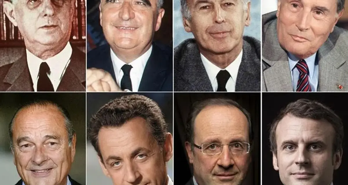 Collage de portraits de la liste des présidents français depuis 1900 : de Gaulle, Pompidou, Giscard d'Estaing, Mitterrand, Chirac, Sarkozy, Hollande, Macron.