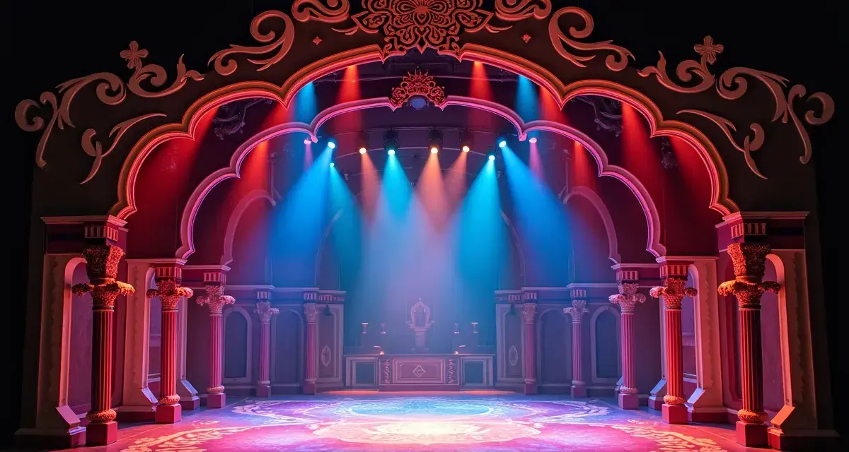Majestatyczna scenografia teatralna, niczym z baśni tysiąca i jednej nocy, z kolumnami i bogatymi zdobieniami, oświetlona niebieskimi i czerwonymi światłami.