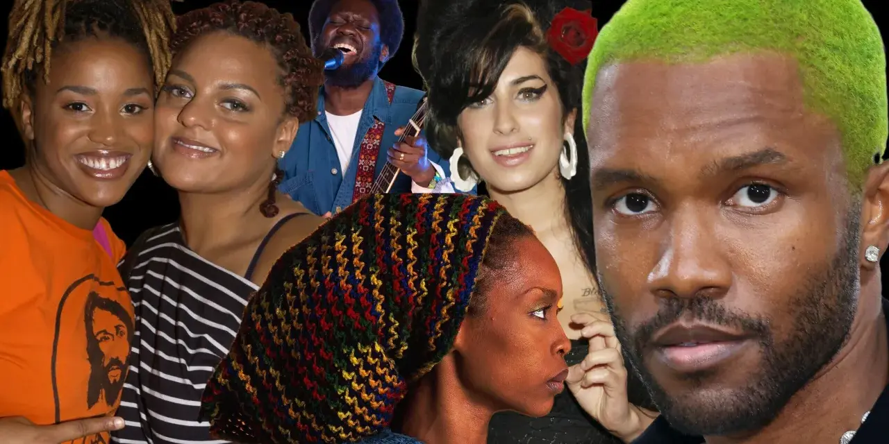 Collage von neo soul artists: Erykah Badu, Amy Winehouse, Frank Ocean, Michael Kiwanuka und anderen.