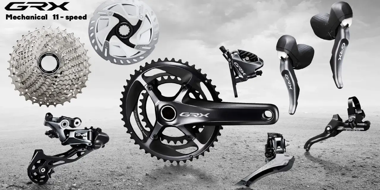 Komponenty rowerowe Shimano GRX: kaseta, korba, przerzutki, hamulce i manetki. Idealne do gravelowych wypraw.