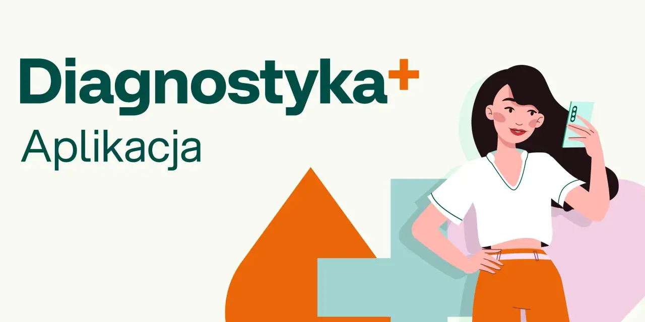 Aplikacja Diagnostyka+ ułatwia sprawdzenie wyników z laboratorium. Kobieta z telefonem w ręku.
