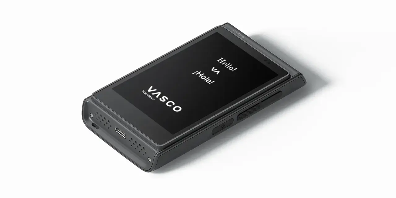 Elektroniczny tłumacz Vasco z ekranem wyświetlającym "Hello!" i "¡Hola!".