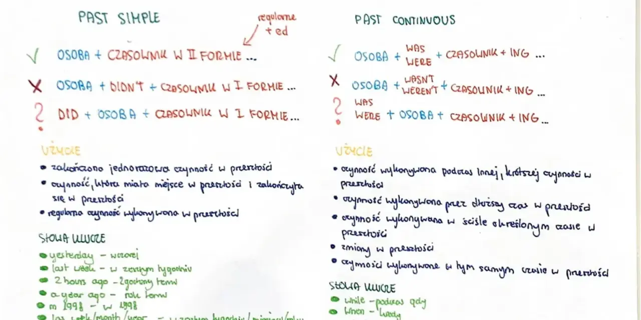 Past simple vs past continuous: kiedyś coś się działo (np. wczoraj) lub trwało.