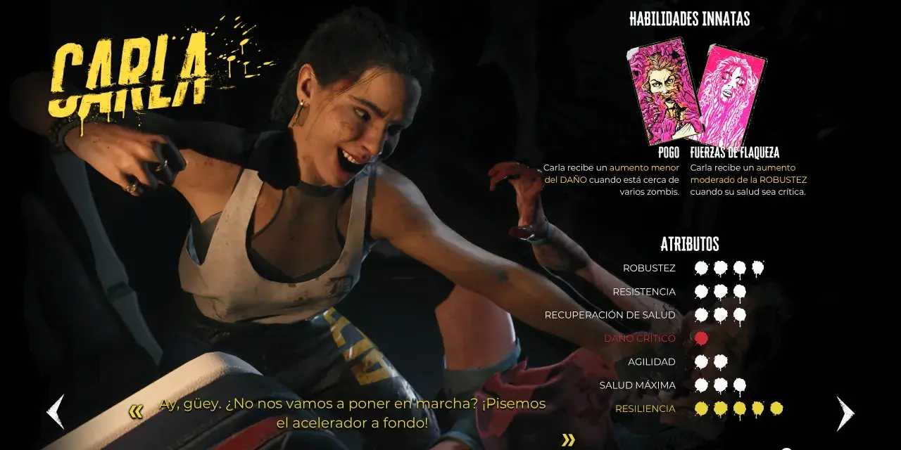 Carla, una de los personajes de Dead Island 2, lista para la acción. Sus habilidades y atributos se muestran en pantalla.