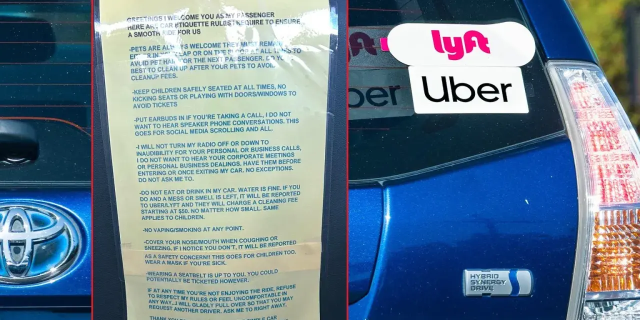 Naklejki Lyft i Uber na tylnej szybie samochodu, obok zasad jazdy.