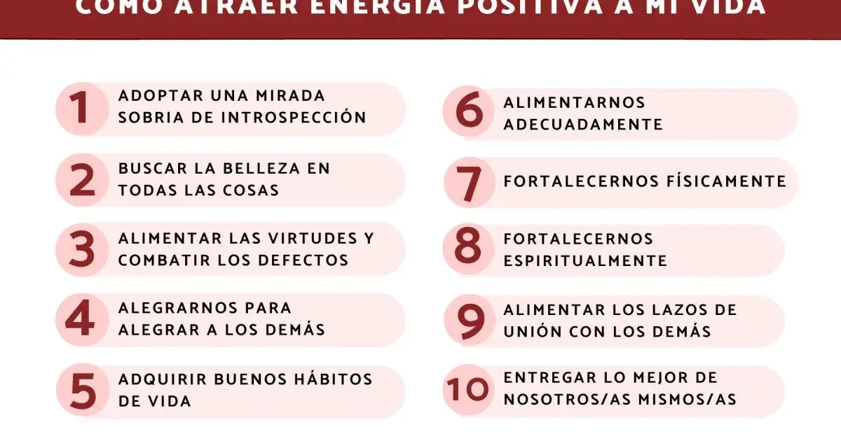 Lista de 10 pasos para atraer energía positiva: introspección, belleza, virtudes, alegría, hábitos, alimentación, físico, espiritualidad, unión y entrega.