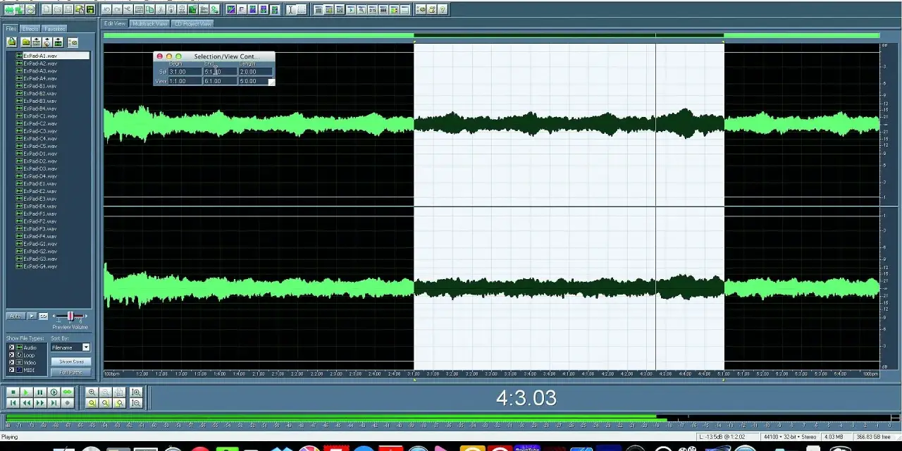 Edytor dźwięku z listą plików audio, w tym "ExPad-A1.wav". Widoczne fale dźwiękowe i kontrolki odtwarzania. To jest **sample wtyczka** w akcji.