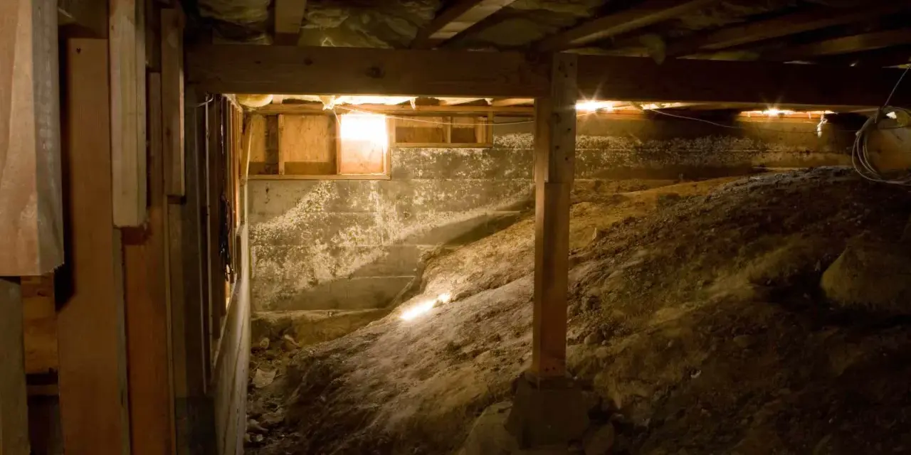 Underneath a house, a crawl space with a dirt floor and concrete walls. A vapor barrier is being installed to protect against moisture.
