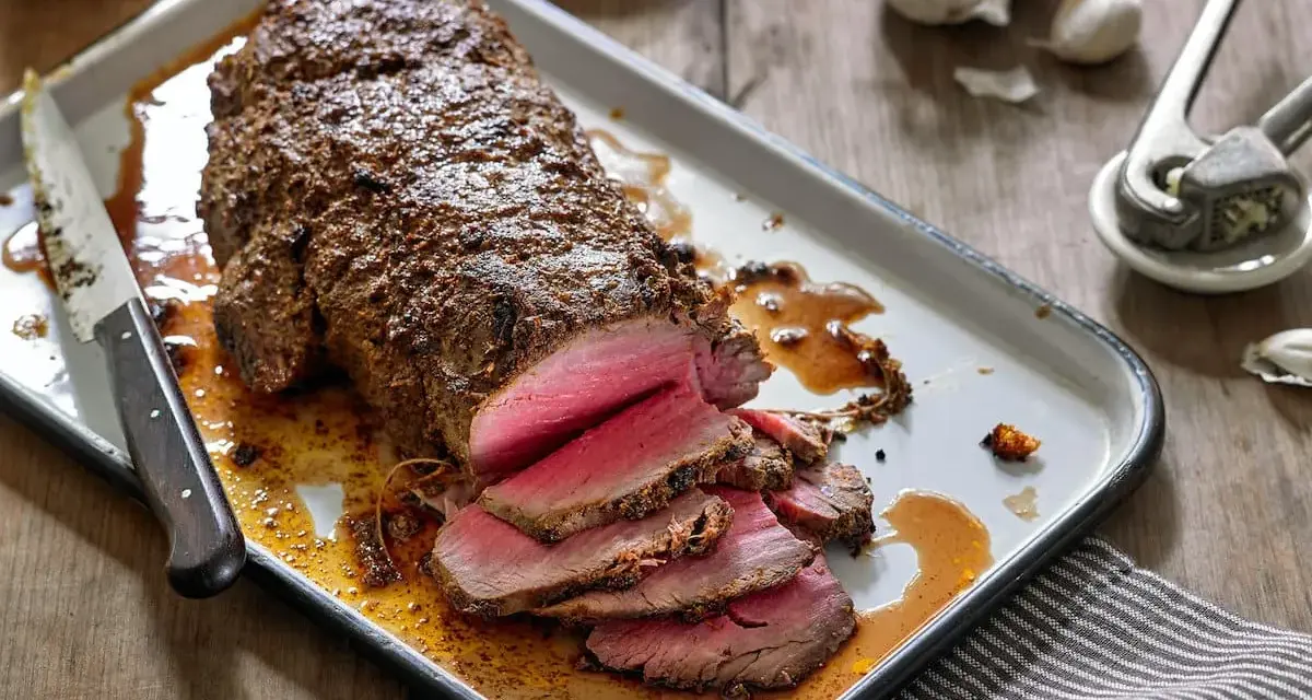 Roast beef jugoso y rosado en una bandeja, con un cuchillo y ajos al fondo.
