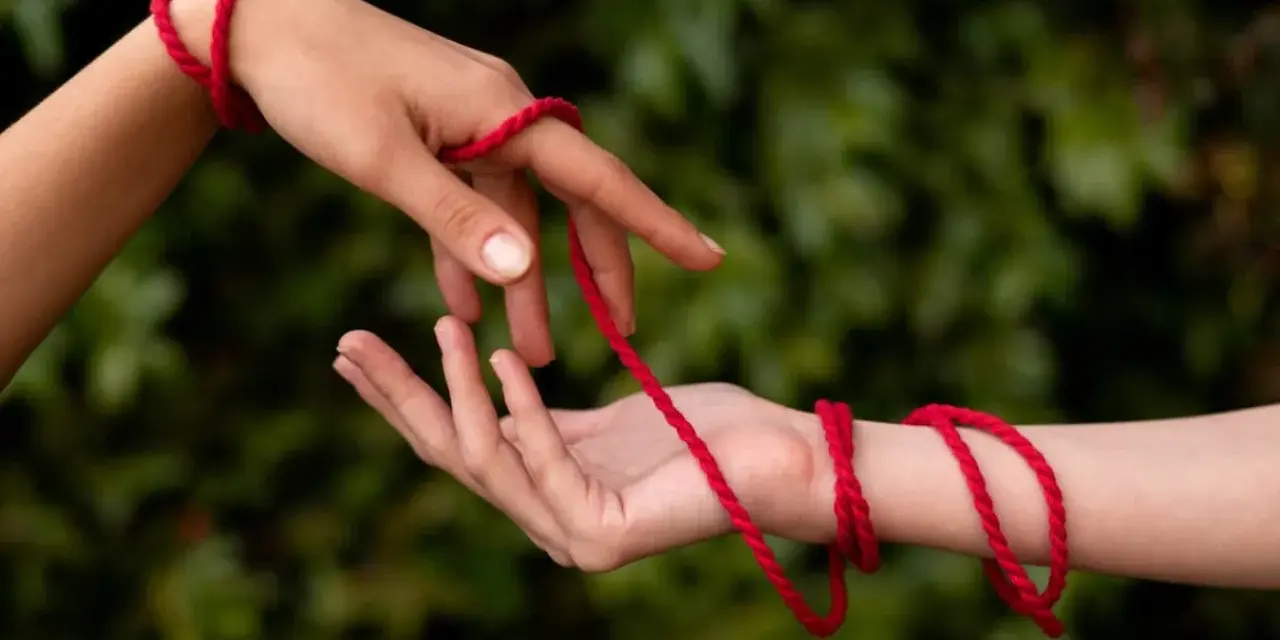 Dwie dłonie połączone czerwoną wstążką na ręce, symbolizującą więź.