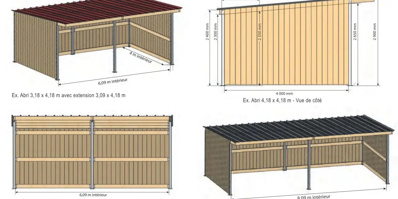 Schémas d'abris pour chevaux, montrant différentes dimensions et configurations. La hauteur abri chevaux varie, avec des mesures indiquées en millimètres et mètres.