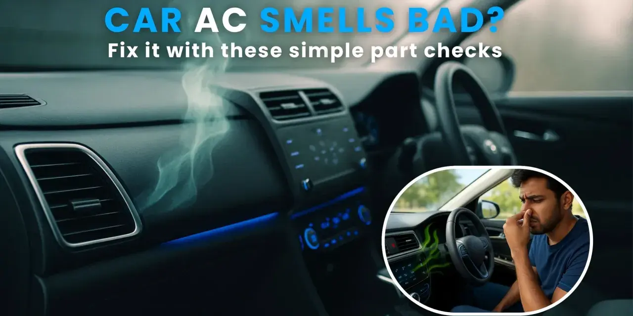 Car AC smells bad? Learn how to remove bad smell from AC car with simple checks. A man pinches his nose in a car with green fumes from the vents.